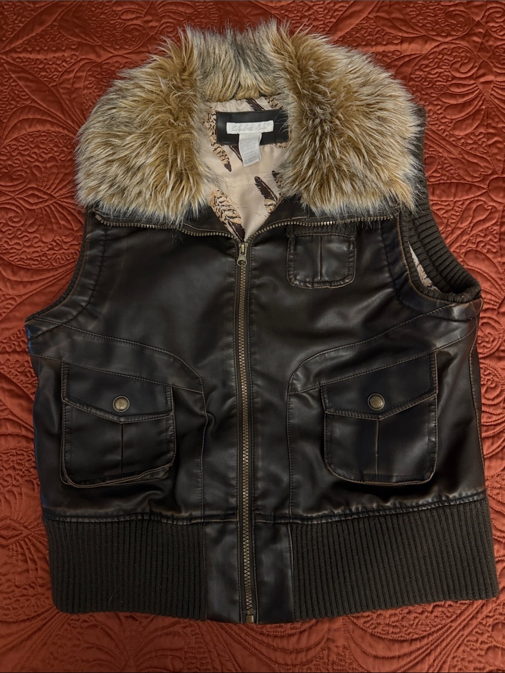 Charlotte Russe Black Faux Leather Vest with Fur Trim